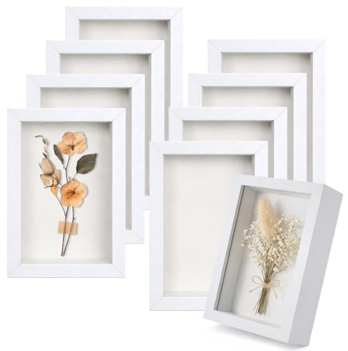 AOZUO 8 Pcs Shadow Box Frame, 4 x 6 Inch 3D Shadow Boxes Display Cases 1.2in Depth Picture Frame Case Wood Memory Display Cases for Dried Flowers DIY Craft Memorabilia Medals Photos(White)