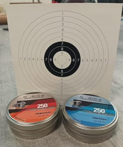 Set de 500 balines de 4,5 mm para Aire comprimido (250 Tipo Pointed y 250 Tipo Match) con Diana de cartulina
