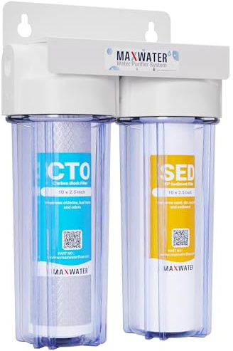 Max Water 2 Stage (Sediment, Odor & Improving Taste) Whole House 10 inch, Standard Water Filtration System - Clear Housing - Sediment + Carbon Block Filter - ¾ Inlet/Outlet