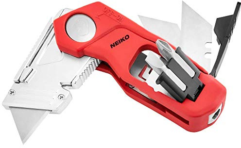 NEIKO 00678A 4-In-1 Folding Utility Knife Box Cutter Knives & Wire Stripper, Tool Hex Bit Holder Utility Work Knife & Bit Storage, Carpet Knife, Heavy Duty Box Cutter, Great work knife for men & women