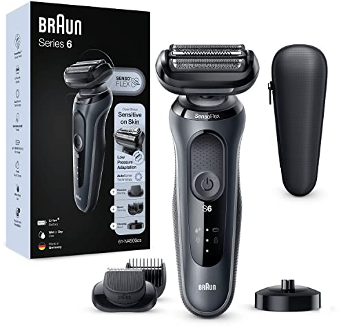 Braun Electric Shaver Series 6, Wet & Dry Electric Shaver For Men With EasyClick Beard Trimmer Attachment, Charging Stand, SensoFlex, Rechargeable, Cordless Foil Razor, 60-N4500cs Grey