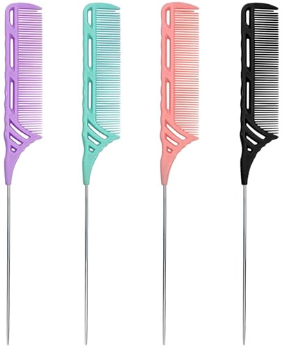 4 Pcs Rat Tail Comb Set: Metal Needle Stem for Haircuts and Extensions, Durable, Anti-Static, Heat-Resistant