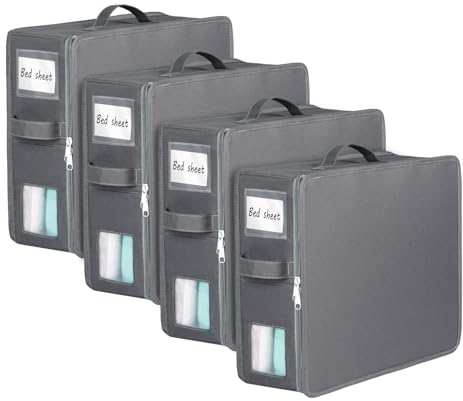 Syeeiex Bed Sheet Organiser and Storage, 4 Pack Foldable Linen Bedding Organiser With Zips and Clear PVC Window, Closet Bedding storage box for King Queen Size Sheet, Duvet Covers Set and Pillowcase