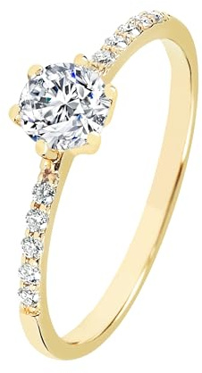 DOOSTI Antragsring, Verlobungsring, Solitärring, Vorsteckring, engagement ring aus 585/- Gelbgold mit 1 großer Moissanite Stein 0,33 ct. (4,5mm Durchmesser) und 10 kleine Moissanite Steine