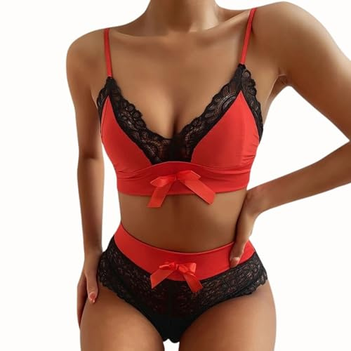 ROSVAJFY Ensemble sous-Vêtements Femme Dentelle 2 Pièces Soutien-Gorge à Bretelles + Culotte Taille Haute Transparente Nœud Lingerie Sexy Col en V Nuisette Stretch Coquine (Rouge, L)