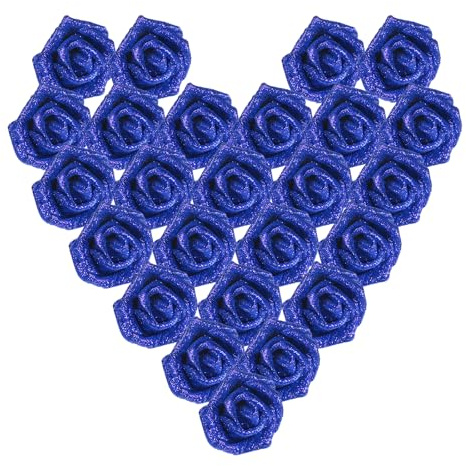 PATIKIL Glitterrosor, 25 st skumkonstgjorda blommor roshuvuden äkta utseende falska blommor bulk med stam för gör-det-själv bröllopsbuketter bordsuppsatser krans hem fest dekoration, blå