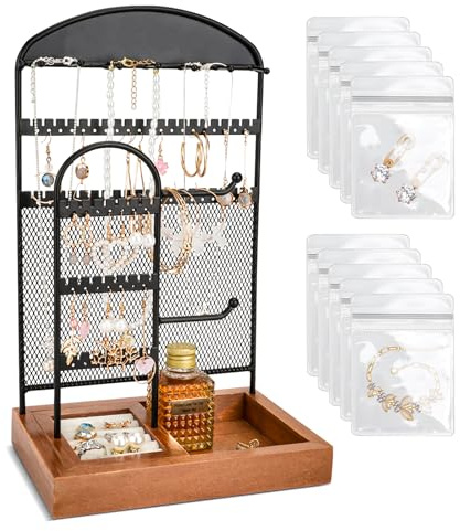 Smyckesvisningsställ, Halsbandsorganisator Örhängehållare med metallram och sammetsbricka, Smycketorn Displayställ Smycketräd för halsband Armband Ringar Klockor med 10 smycken Ziploc-påsar -B