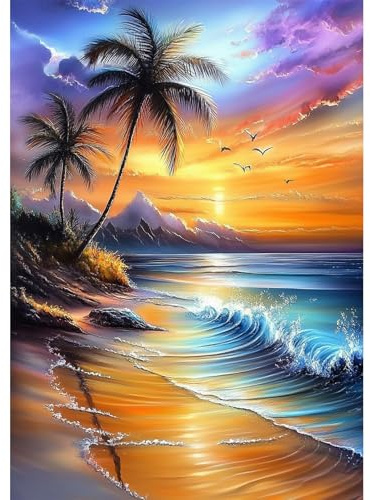 NEWENMO 5D Colorato Tramonto Diamond Painting Kit Adulti,DIY Palme Pittura Diamante Set,Onde Oceaniche Diamond Art Kit Completo,Adatto per Adulti Principianti la Decorazione Domestica,30x40cm