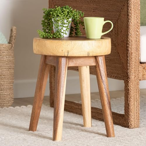 bali & pari Jia Suar Wood End Table - Handcrafted Side Table with Live Edge Round Top and Tapered Legs, Rustic Boho Accent Furniture for Living Room, Bedroom, or Patio