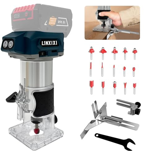 L1NXIXI Fresatrice a batteria per Bosch 18 V, 800 W con 5 velocità, max 30.000 giri/min, batteria da 18 V, set fresatrice per bordi con 15 frese da 1/4 (senza batteria)