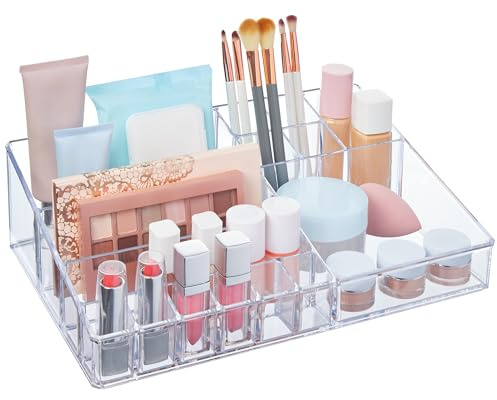 STORi Audrey Clear Vanity Makeup Organizer | 15-Compartment Holder for Brushes, Eyeshadow Palettes, & Beauty Supplies | Stacks on Audrey Storage Drawers | Made in USA
