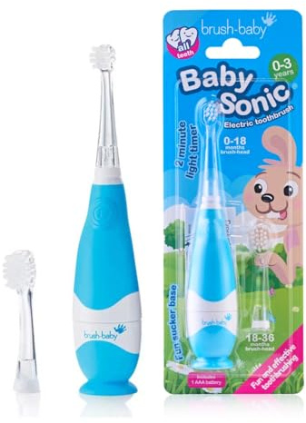 brush-baby - BabySonic Blue Electric Toothbrush, 0-36 Months - Soft, Gentle Vibrating Toothbrush for Sensitive Gums & New Teeth - with LED Light & Suction Base - Baby & Toddler Brush Heads