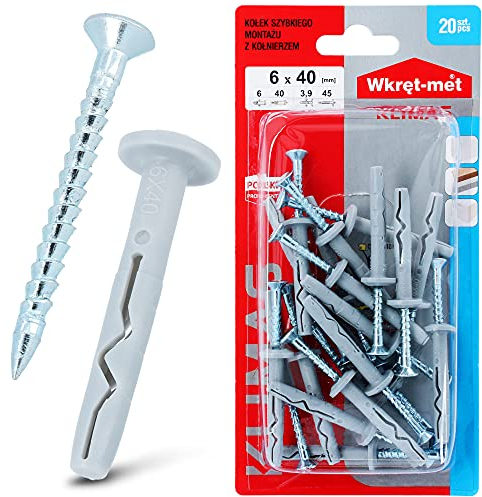 KLIMAS® Dübel Schrauben Set 20 Stück Kragendübel Schlagdübel Ø 6mm x 40mm mit Senkkopfschrauben PZ-2 | Nageldübel Schraubenset Betondübel Porenbeton Dübel mit Kragen Einschlagdübel Universaldübel
