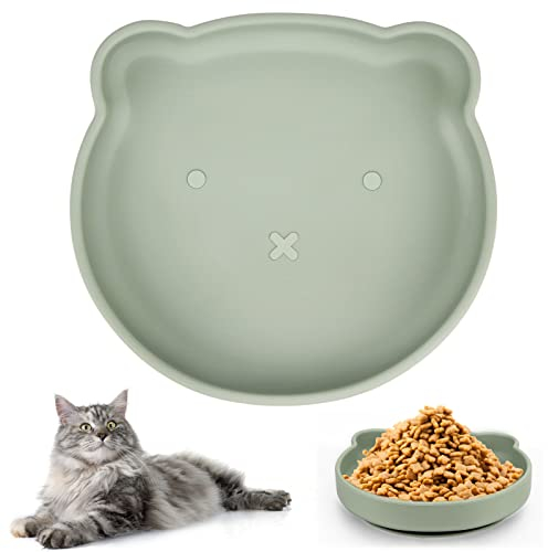 Katzen Futternapf, Silikon Katzennapf Flach, Katzennäpfe Mit Saugnapf, Katzenschüssel für Trockenfutter und Nassfutter, Rutschfester Katzennapf (Olive Green)