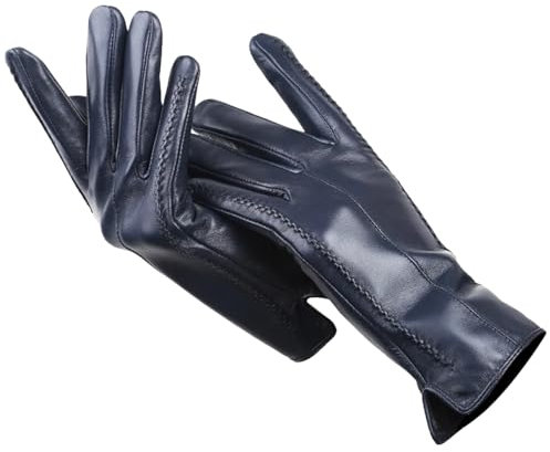Modische Schaffell-Handschuhe für Damen, Winterhandschuhe, mehrere Farben, warm, einfarbig, Lederhandschuhe, dunkelblau, 34