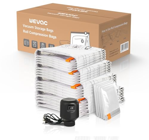 Wevac 20 Piezas Bolsas Ropa al Vacio (4 Jumbo, 4 Grandes, 4 Medianas, 4 Pequeñas, 4 Enrollables) con Bomba Eléctrica, Doble Sello de Cremallera, Sacos Vacuo Para Guardar Ropa, Mantas y Edredones