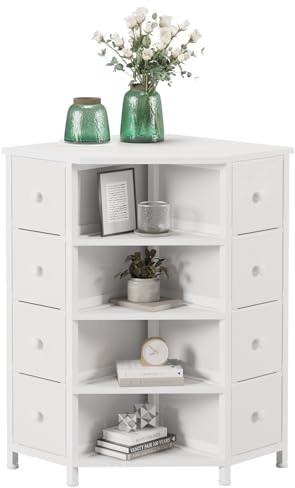LUMTOK Eckkommode mit 8 Schubladen, Holzplatte und Regalen, Weiß, LT1100#