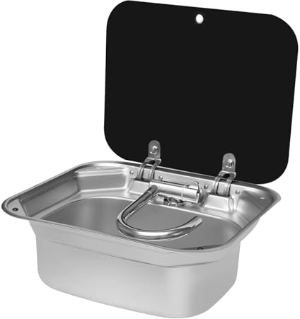 RV Hand Wash Ausgussbecken Set, 304 Edelstahl Camping Waschbecken, Wohnwagen Waschtrog 42,3 x 37,3 x 15 cm-mit Abdeckung aus gehärtetem Glas für Wohnmobile, kleine Küchen, Hotels, Cafés