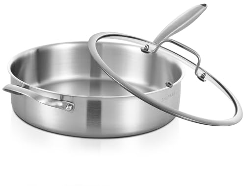 Inqibee 6 QT Stainless Steel Saute Pan with Lid, 12 Inch Tri-Ply Stainless Steel Deep Frying Pan, Large Skillet, Induction Compatible, All Cooktops, Oven & Dishwasher Safe