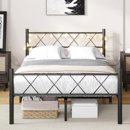 HOJINLINERO Double Bed Frame with Headboard & LED lights,4ft6 Metal Bed Frame Double Bed Mattress Base/Underbed Storage,No Box Spring Needed,Heavy Duty Strong Slats Support,Solid Bed 135x190cm,Black