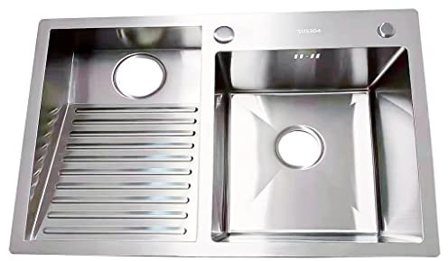304 rostfritt stål dubbel skål tvättställ med dräneringssatser och integrerad tvättbräda idealisk för tvättstuga balkong butik 22 cm djup tvättställ storlek 60 cm (vänster)