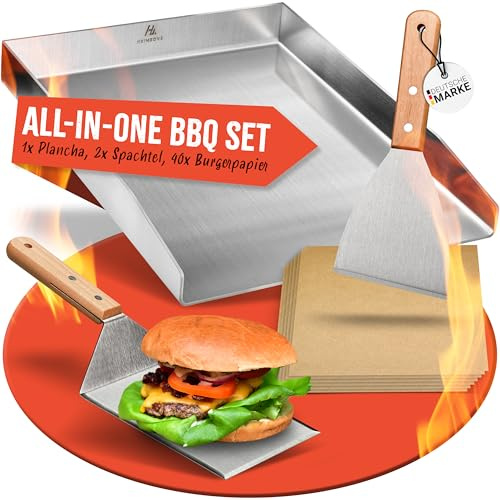 HEIMZONE® Plancha Grillplatte 40x30cm [NEUE VARIANTE 2026] - Edelstahl-Platte mit auslaufsicheren Ecken & Grillzubehör [2x Grill-Spachtel & 40x Burger-Papier] - für jeden Grill geeignet