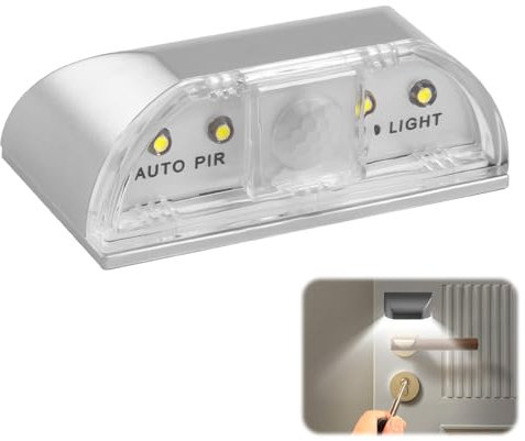 Keyhole Light for Doors Key Light Wireless Infrared PIR Motion Sensor Battery-Powered 4 Bright LEDs Auto On/Off Adhesive Installation for Front Door Outdoor Indoor Hallway Closet & Drawers, Silver