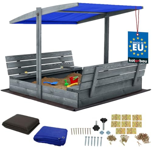 KOTARBAU® Bac à Sable Enfant Extérieur - Bois de Pin - 140 x 140 cm - Gris - Bac à Sable avec Couvercle - et Bancs Pliables - Protection Solaire - avec Toit Bleu