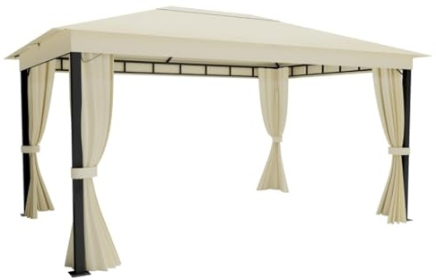 ALEOS. Garten Pavillon Monza 4x3 Meter 3x4m Gartenpavillon 12m² einfacher Aufbau ohne Werkzeug Klicksystem Dach 100% WASSERDICHT UV30+ mit 4 Vorhängen Starke Füße 6x6cm cremeweiß