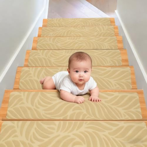 Neuytiky Antidérapant Tapis Marche Escalier, Tapis Escalier 15pcs, Marchettes d'Escalier Auto-Adhésif, urface Adhésif 76 x 20cm pour Enfants âgées Chiens (Kaki)