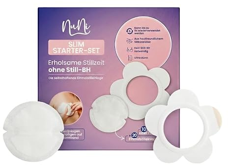 NuNi SLIM Starter-Set selbstklebende Einmalstilleinlage, BH-freie Stillzeit, 10 Pads + 20 Stilleinlagen