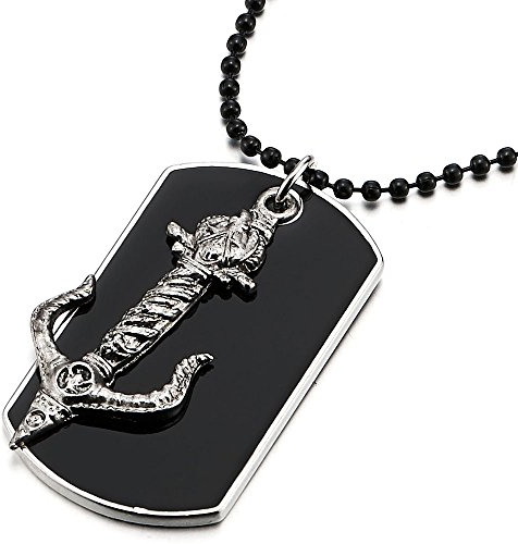 COOLSTEELANDBEYOND Zwei Stücke Herren Anker Klinge Dog Tag Anhänger mit Schwarzer Emaille und 70cm Kugelkette