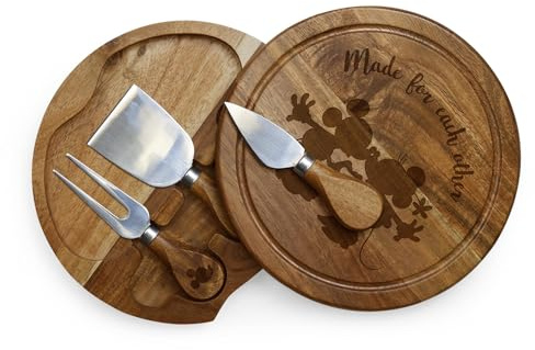 PICNIC TIME Disney Mickey Mouse & Minnie Mouse Acacia Brie Cheese Board and Knife Set, Charcuterie Board Set, Wood Cutting Board, (Acacia Wood)