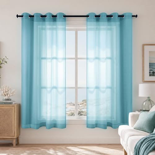 KOUFALL Bathroom Curtains Window Short,Sheer Grommet Beach Theme Summer Curtains for Living Room Kitchen,45 Inch Length,Teal