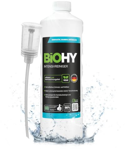 BiOHY Intensivreiniger (1L) + Dosierer | Bodenreiniger Konzentrat für starke Verschmutzungen | Reinigungsmittel für Reinigungsautomaten & Saugwischer | Schaumarm für Fliesen & Hartböden