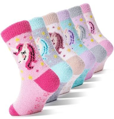 EBMORE Girls Kids Toddler Fluffy Socks with Grips Non Slip Slipper Socks Gift Crew Cabin Cosy Hospital Cute Warm Winter Bed Socks for Boys Child Christmas Stocking Fillers 6 Pairs(Unicorn,4-7 Y)
