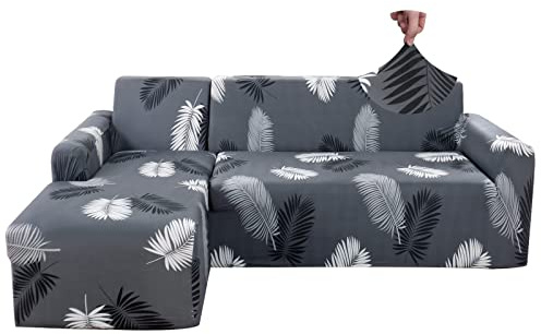Jaotto Sofabezug Elastische Spandex Stretch Couchbezug für L-Form Sofa Überwürfe Universal Waschbar Sofaüberwurf 2er Antirutsch(3 Sitzer+3 Sitzer,Graue Feder)