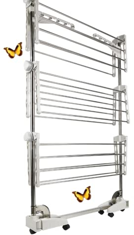 Stendino, 3 Livelli Stendibiancheria Verticale Allungabile con Ruote, Acciaio Inossidabile Stendino da Balcone Esterno, Stendipanni per Interno (Tre strati - argento)