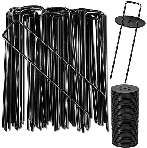 AGAKY Erdanker Bodenanker, 40 Schwarz Erdanker & 40 Pufferscheibe, Anti-Rost Erdnägel aus Stahl, Garten Bodenanker für Kunstrasen, Unkrautvlies, Gartenvlies, Zaun, Bodenplanen, 150x25 mm, Ø 2,8 mm
