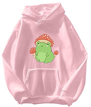 Kapuzenpullover für Damen, Übergröße, lässig, locker, bedruckt, Frosch, Grafik, Sweatshirt, weich, leicht, lässig, modisch, einfarbig, mit Tasche, Pullover für Teenager-Mädchen, rose, 46