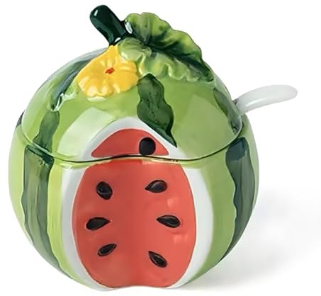 YAMKNICE Azucarero de cerámica con forma de fruta pintado a mano, tarro para especias, tarro para condimentos con tapa y cuchara, tarro para sal con forma de fruta de cerámica (Sandía)