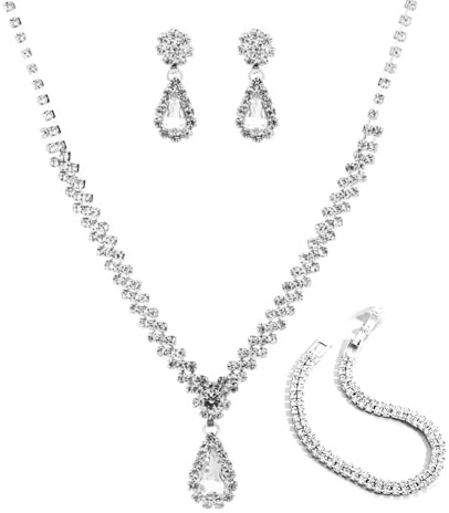 FDEETY Conjunto Joyería Mujer Lágrima Cristal Brillante Collar Pendientes Pulsera Elegante Adorno Nupcial Ceremonia Fiesta
