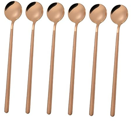 OFFSCH 6pcs Mini Round Stainless Steel Spoons Long Handle Tea Coffee Stirring Spoon Rose Gold for Home Restaurant Hotel