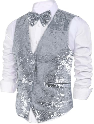Dress Up America Gilet à Paillettes pour Hommes et Nœud Papillon - Gilet à Paillettes pour Hommes et Nœud Papillon pour Ensembles d'Habillage et Jeux de Rôle - Col en V Brillant