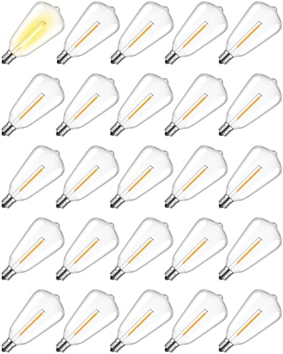 Hcnew 25 Stück E12 ST38 LED Solar Ersatzbirnen, 2700 K Warmweiß, 1W entspricht 5W, DC 3V, bruchsichere und wasserdichte Globe Glühbirnen für Lichterketten, Party, Terrasse, Garten, Hochzeit