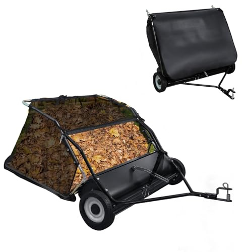 Traino da 112 cm dietro la spazzatrice per prato, altezza di spazzamento regolabile, grande capacità 25 Cu Ft raccoglie foglie ed erba, spazzatrice resistente con corda di scarico, ruote in gomma