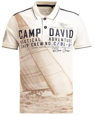 Camp David Herren Kurzarmpolo mit Logo- und Photoprint Ecru, 4XL
