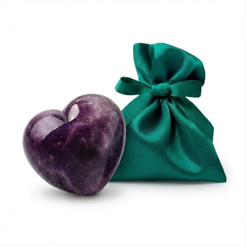 Milaboo Edelstein Herz 4 cm aus Amethyst Aventurin oder Rosenquarz Naturstein Handschmeichler mit grünem Samtsäckchen Geschenk Glücksstein Troststein (Amethyst)