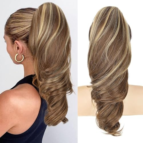 Hästsvans med klämma, lång vågig lockig fläta, hästsvans, hårförlängning, syntetisk hårförlängning, Claw Clip i hårdel, ponytail för kvinnor (brun med ljusblonda highlights, 45 cm)