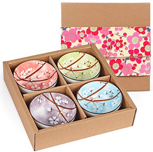 Sanbege Ceramic Rice Bowls 10 oz, Sakura Bowl Gift Set, Assorted Color Dinnerware Serving Bowls for Rice, Cereal, Noodle, Soup, Desserts, Pack of 4 (Cherry Blossom)
